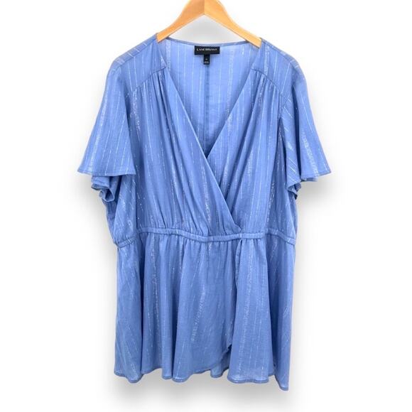 Lane Bryant blouse women's 22 faux wrap flutter sleeve stripe blue silver - Picture 2 of 9